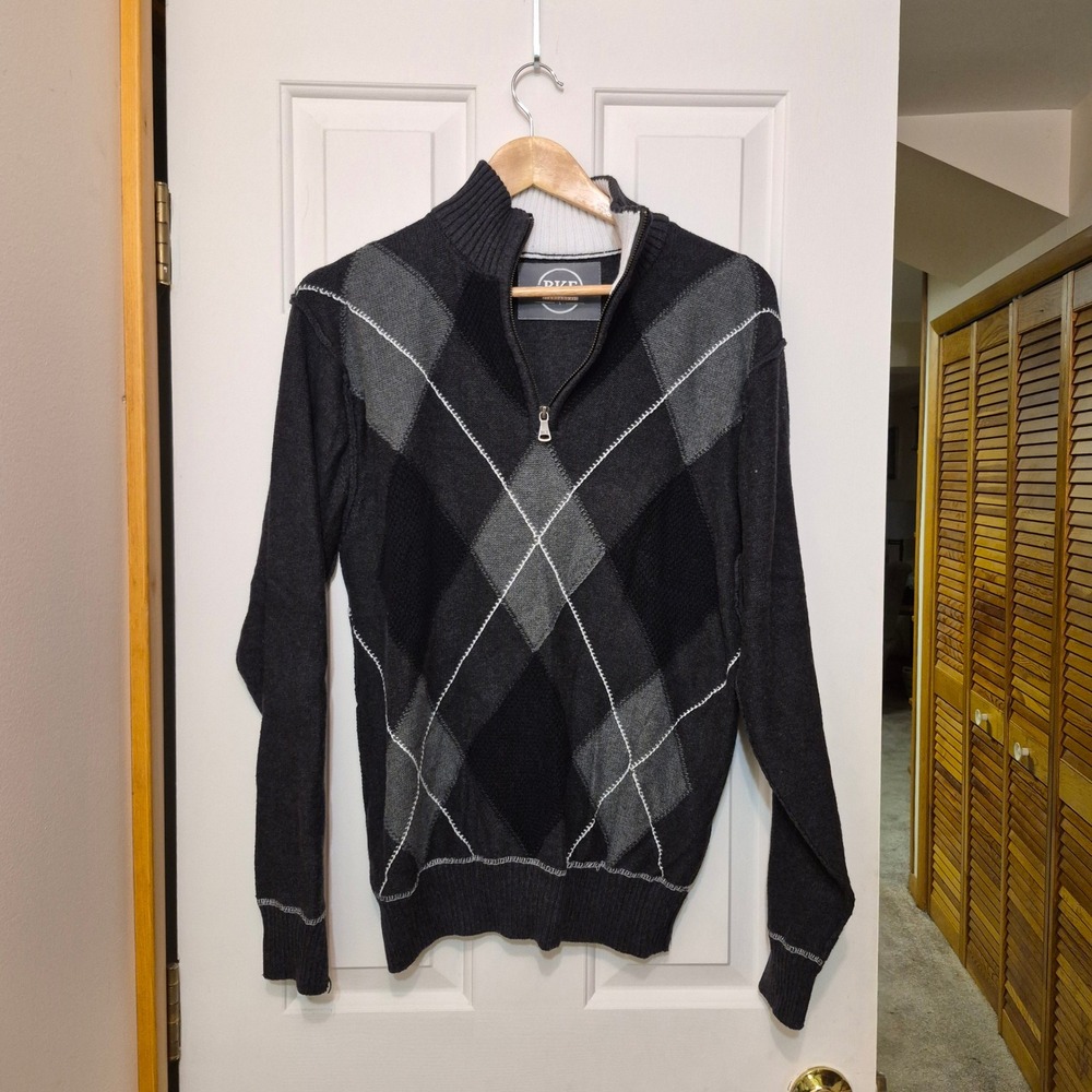BKE Standard Fit Mens Argyle Quarter Zip Sweater Charcoal Grey Size L